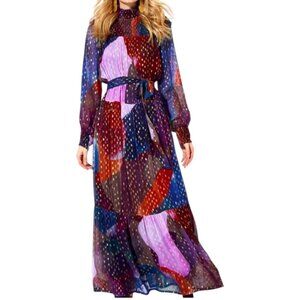 Rare Oliphant Drop Waist Smocked Neck Art Navy Print Maxi Dress S Oversized Boho